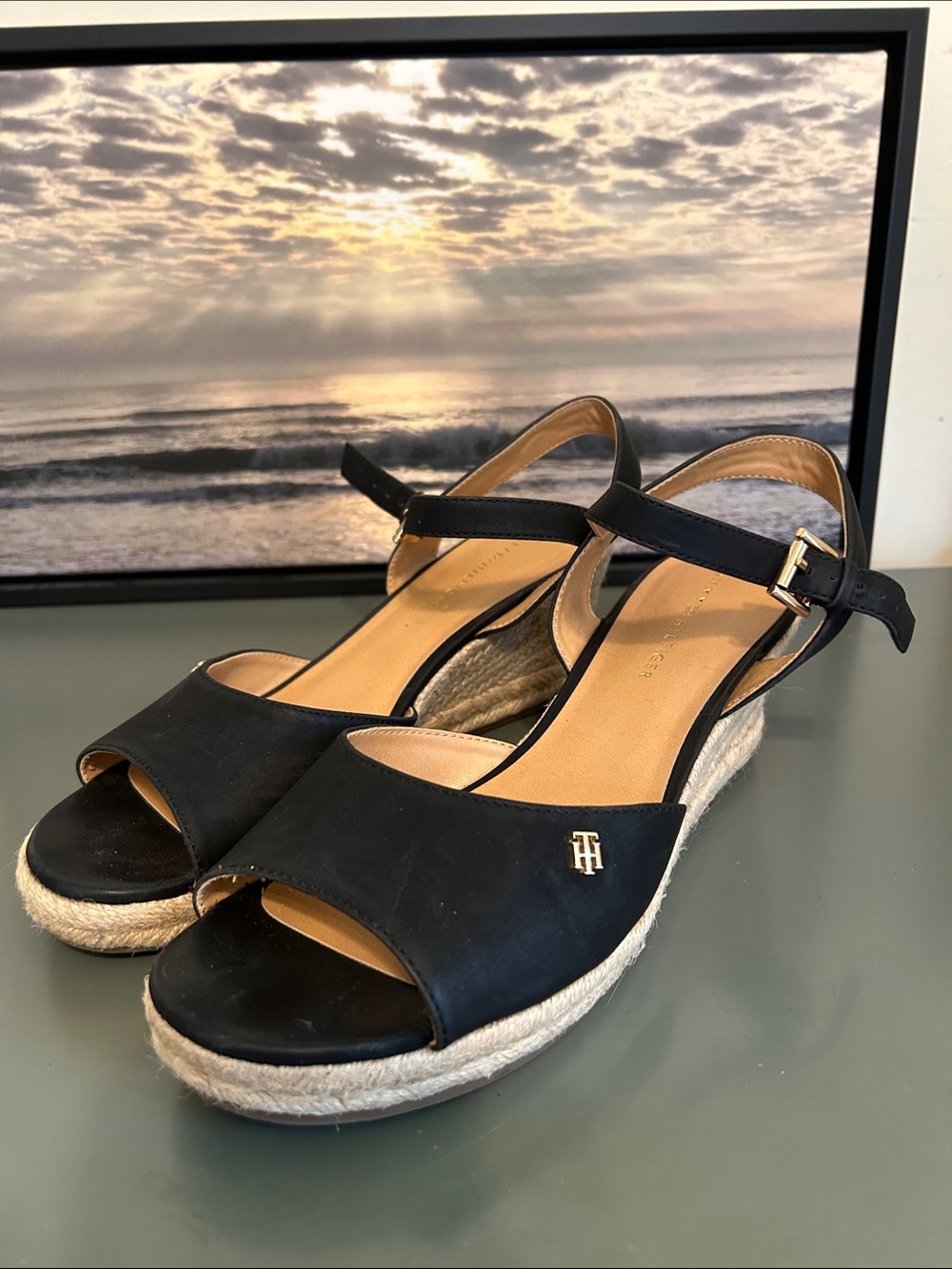 Tommy Hilfiger Black Open-Toe Espadrille Wedges.  Size 9.5